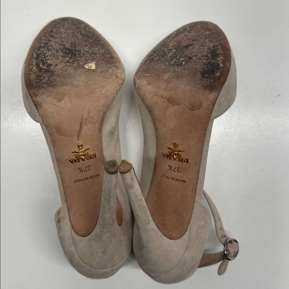 Prada Heels Suede Ankle Adjustable Strap Peep Toe High Heel Shoes Tan Cream 37.5 - Picture 8 of 11